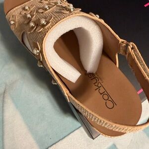 Corkys Beige Wedge Sandals with Pearl Accents